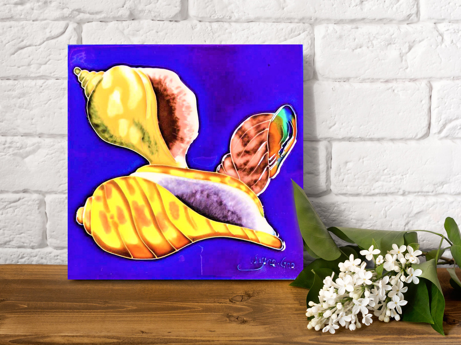 Continental Art Center 8x8" Three Crab Sea Shells with Blue Background